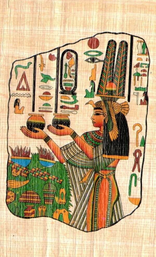 Papyrus art of Queen Nefertiti in the afterlife offering oils