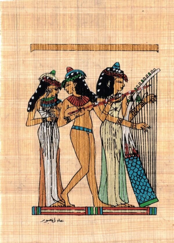 this design shows the ancient Egyptian's love for music and entertainment, three women in the middle is a dancer and the others are playing the lute