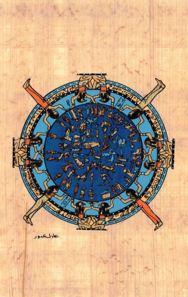 The 12 Zodiac signs, along with humans and animals, are depicted in the middle of this calendar. The zodiac is supported by four female deities and the god Horus (8 times). Horus stands for the four directions, and the goddess for the four seasons