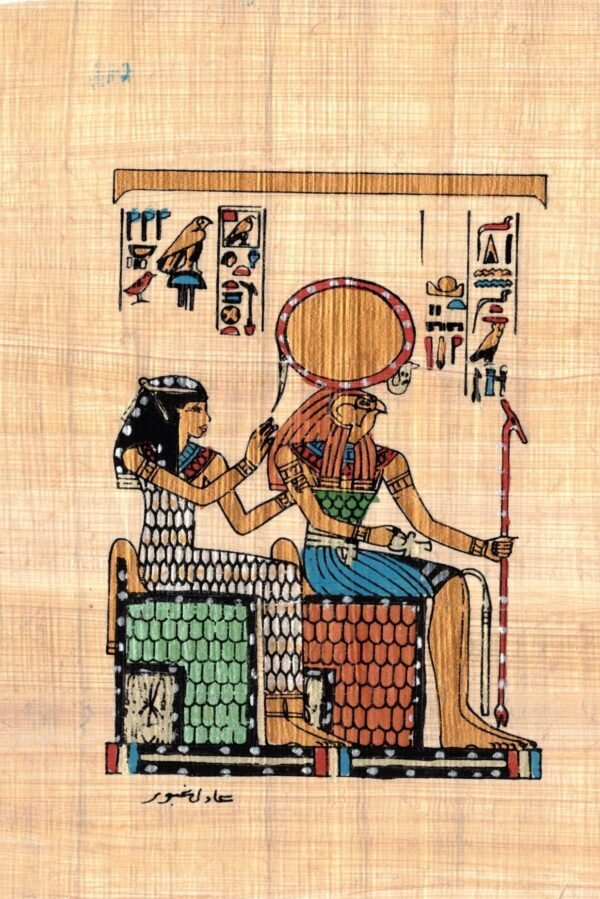 the god re-haracty has a abloom a man and the head of a falcon, the sun above him and behind him sets the goddess Hathor