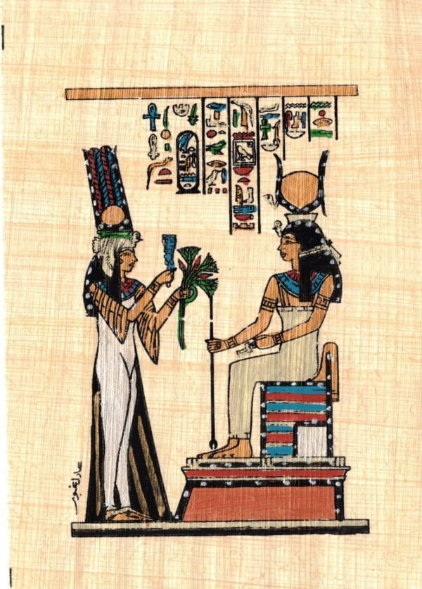 Queen Nefertari Offering Lotus Flowers to The Goddess Isis, Hieroglyphs Painting Egypt Art - Egyptian Papyrus