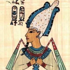 Osiris was the ancient Egyptian god of the dead, the underworld, and the afterlife. He is usually depicted as a man with green skin and a beard associated with the pharaoh, wearing a crown with two large ostrich feathers, and legs partially wrapped like a mummy. In his hands he holds a flail and a symbolic crook.