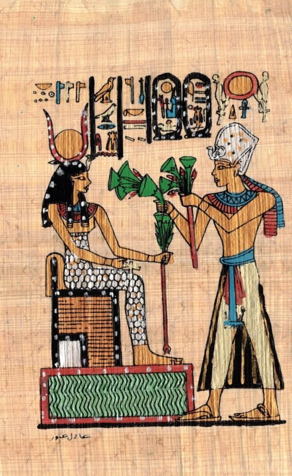 the view depicts the king Ramses ii and the goddess Isis in ABU simple temple, at the same time Ramses carrying a packet of flowers to present into the goddess isis