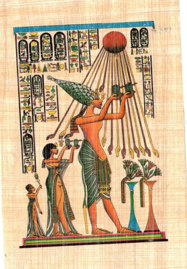 this relief represents the king Akhnaton followed by his wife Nefertiti and his daughter giving flowers to Aton