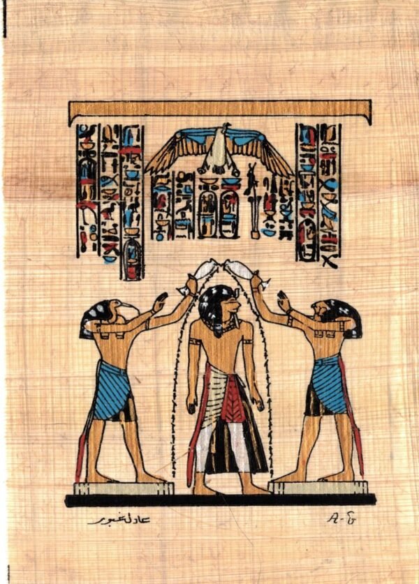 After his coronation, the Egyptian gods Thoth and Horus are shown blessing Ramses II with eternal life, represented by the ankh flowing around the pharaoh