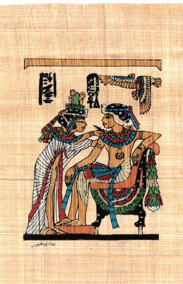 this views the king Tutankhamun, who is shown here sitting on the throne, which was made of wood with sheet gold and adorned with semiprecious stones, and in front of him his wife in a bow position