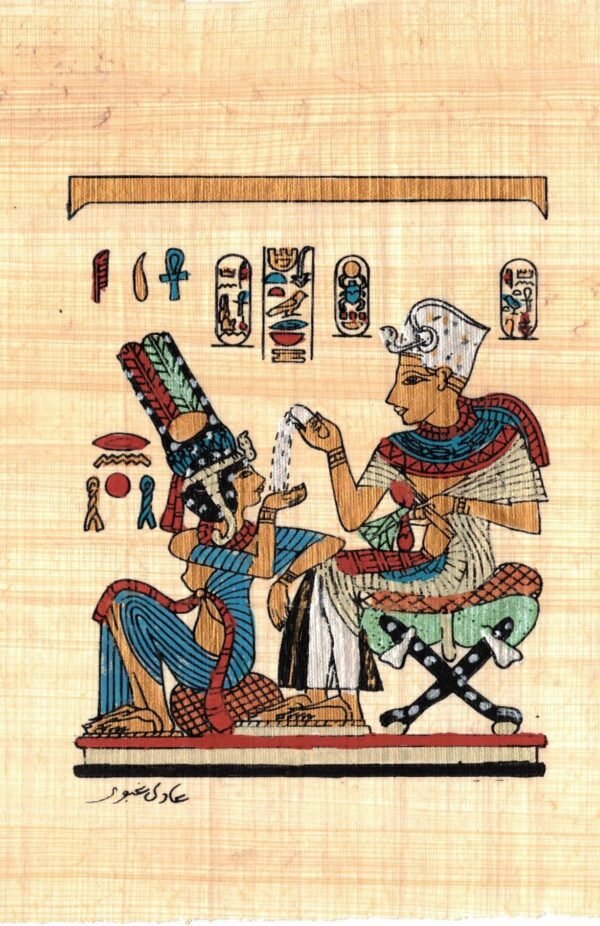 the scene depicts king tut who is shown sitting on a padded stool, poring a drink to his wife who is sitting on a cushion at his feet