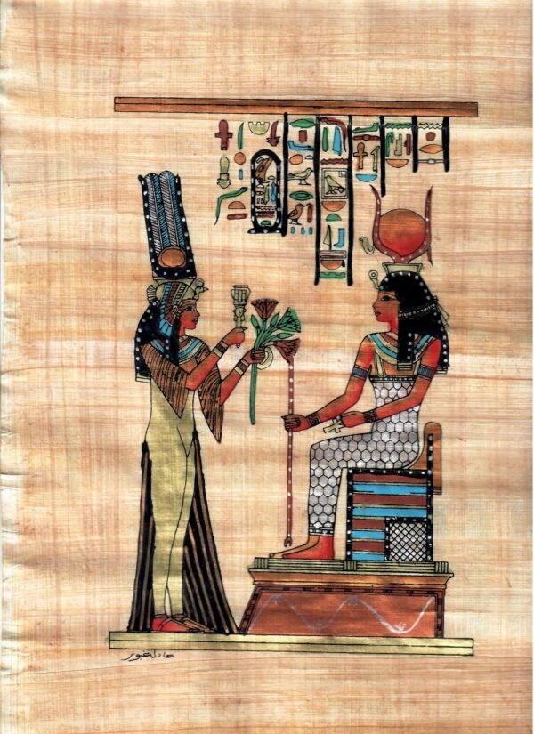 Queen Nefertari Offering Lotus Flowers to The Goddess Isis, Hieroglyphs Painting Egypt Art - Egyptian Papyrus