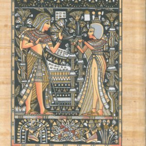 King Tutankhamun and his wife in the garden during the honeymoon and his wife proffers him flowers