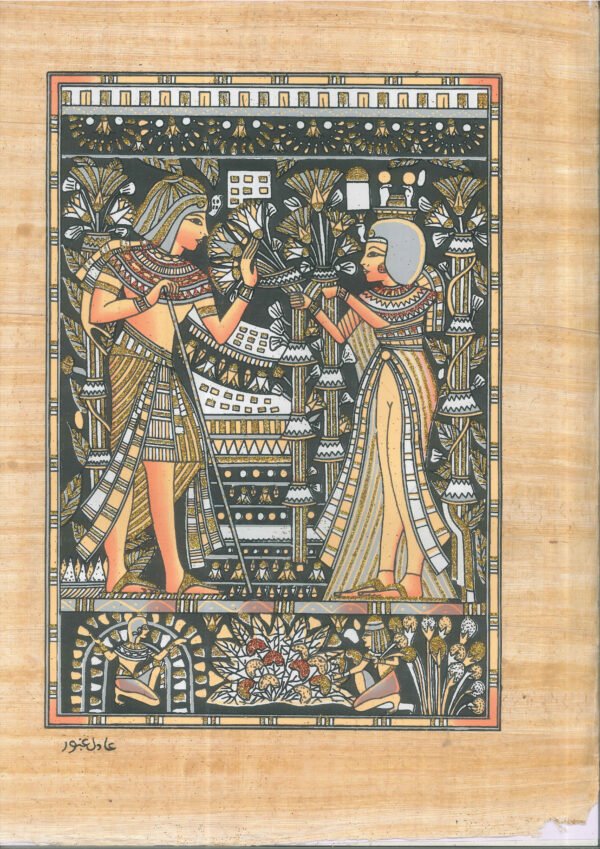 King Tutankhamun and his wife in the garden during the honeymoon and his wife proffers him flowers