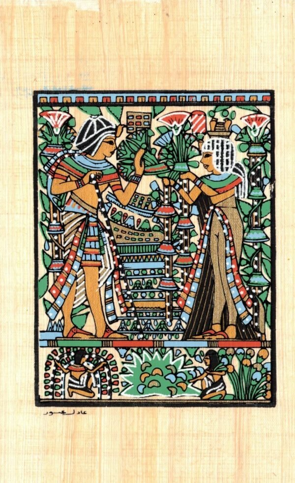 King Tutankhamun and his wife in the garden during the honeymoon and his wife proffers him flowers