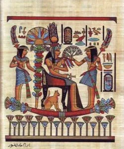 this view depicts queen Nefertary who is the favorite wife for king Ramses ii, she is sitting on a boat made of papyrus surrounded her the maids and under her chair there is a fat cat with a smooth fur